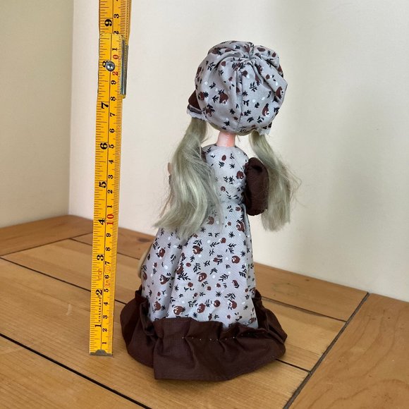 Blonde Big Eye Doll Brown Calico Floral Prairie Bonnet & Dress 9" Vintage Korea - Picture 6 of 12